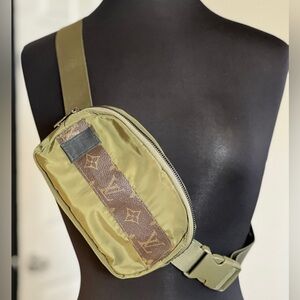 Olive Green Nylon Crossbody Bag with Brown Authentic LV accent